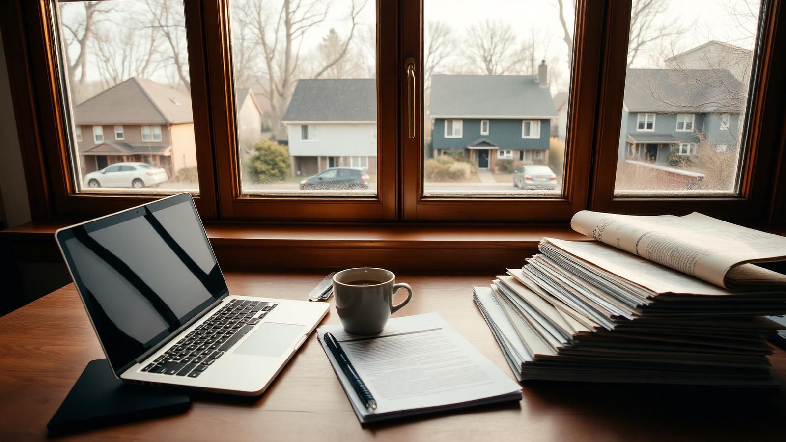 FHA mortgage news and articles Writer's desk with a laptop and printed housing articles overlooking a suburban street