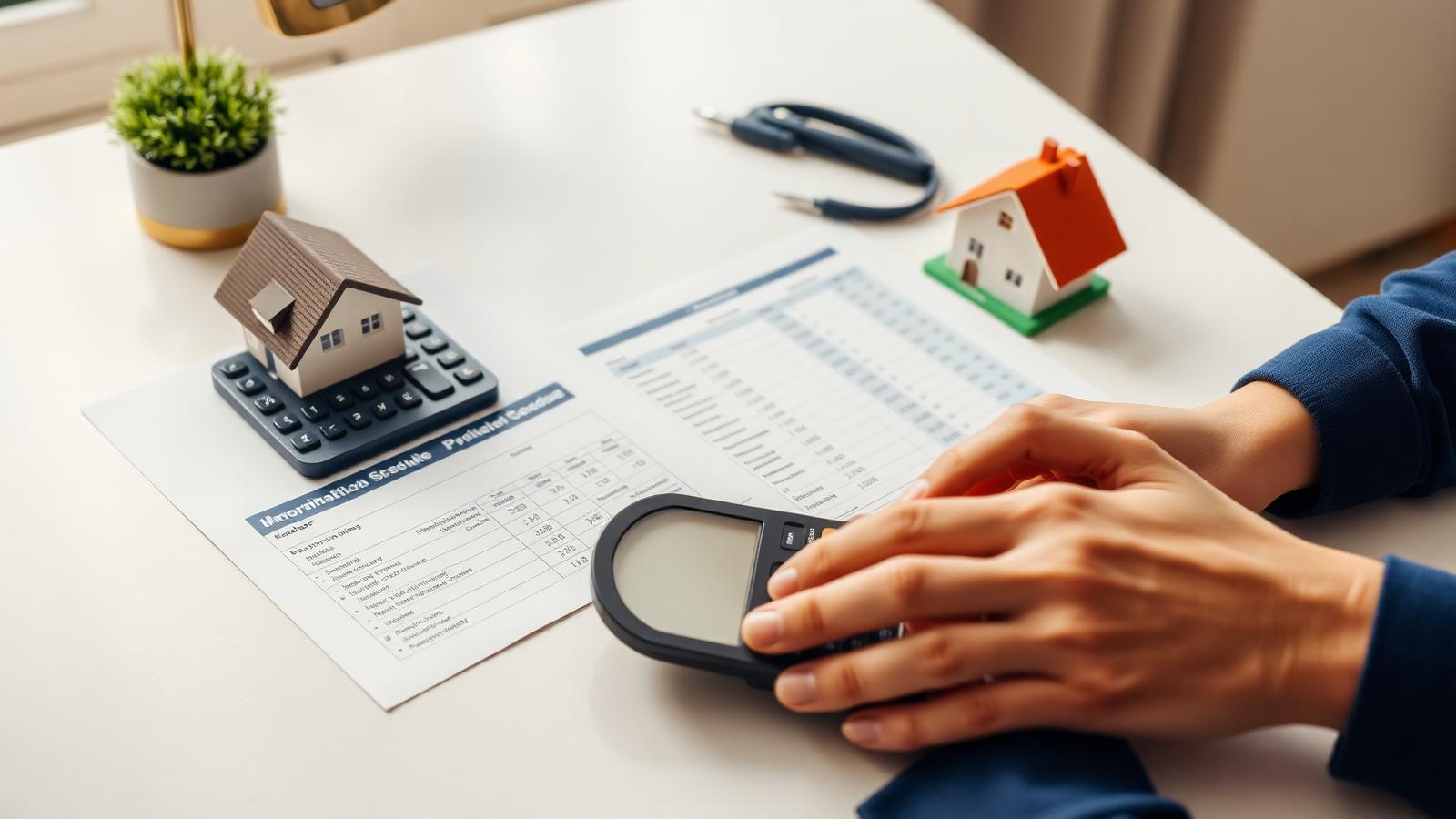 FHA mortgage payment calculator Hands using a calculator next to a printed mortgage amortization schedule and a model house