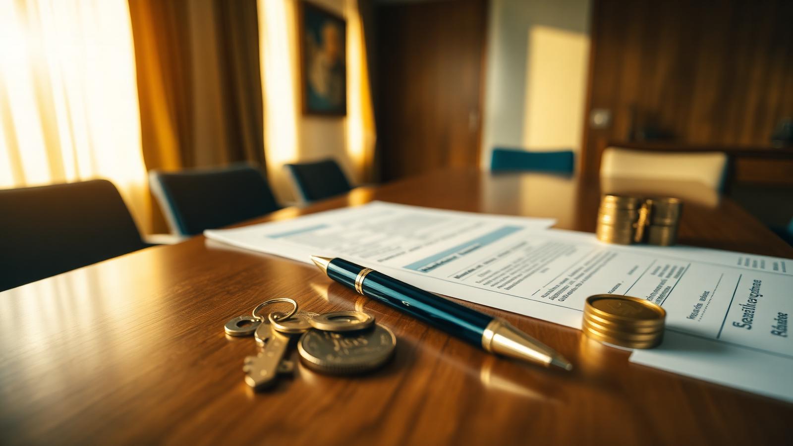 FHA closing costs explained Closing table with settlement paperwork, a pen, house keys and stacked coins