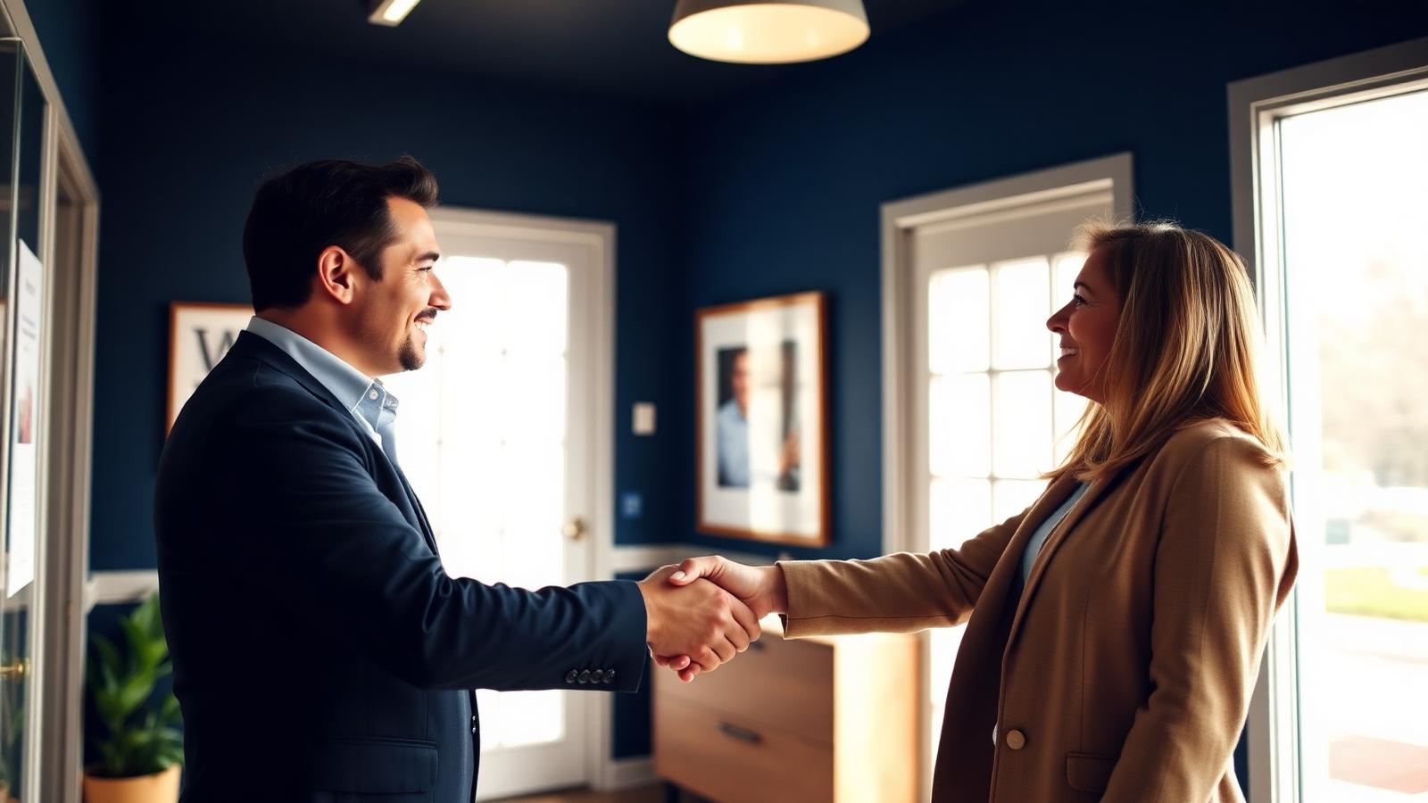 Contact a licensed FHA loan officer Loan officer shaking hands with a client in a welcoming mortgage office