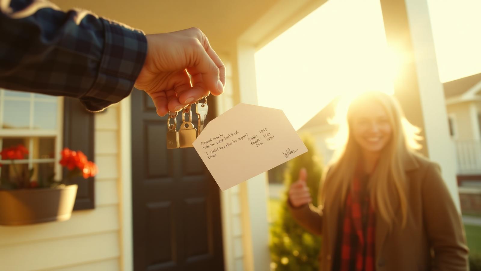 Down payment assistance programs Hand passing house keys and an assistance funding envelope to a smiling new homeowner