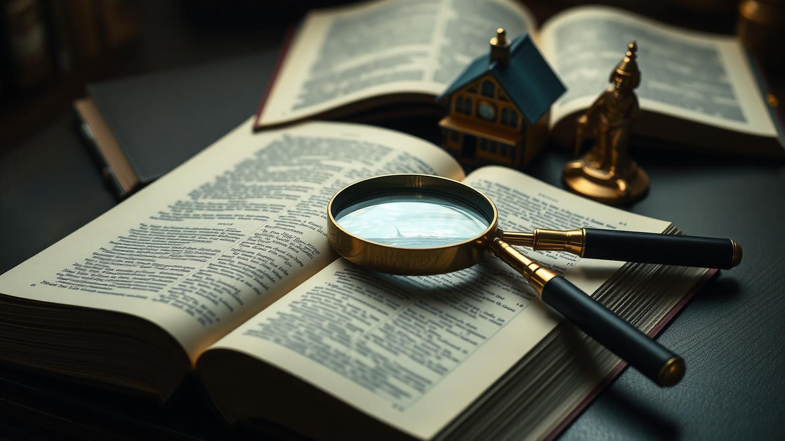 FHA and mortgage terms glossary Magnifying glass resting on an open dictionary beside a small brass house figurine