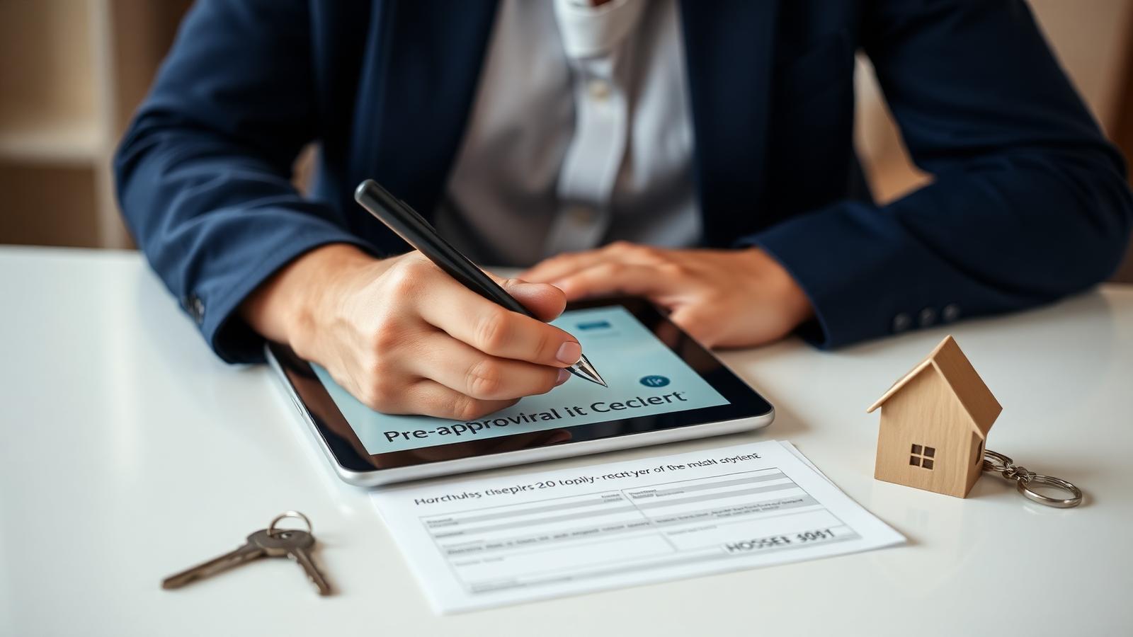 Start your FHA pre-approval Borrower signing an FHA pre-approval application on a tablet beside house keys