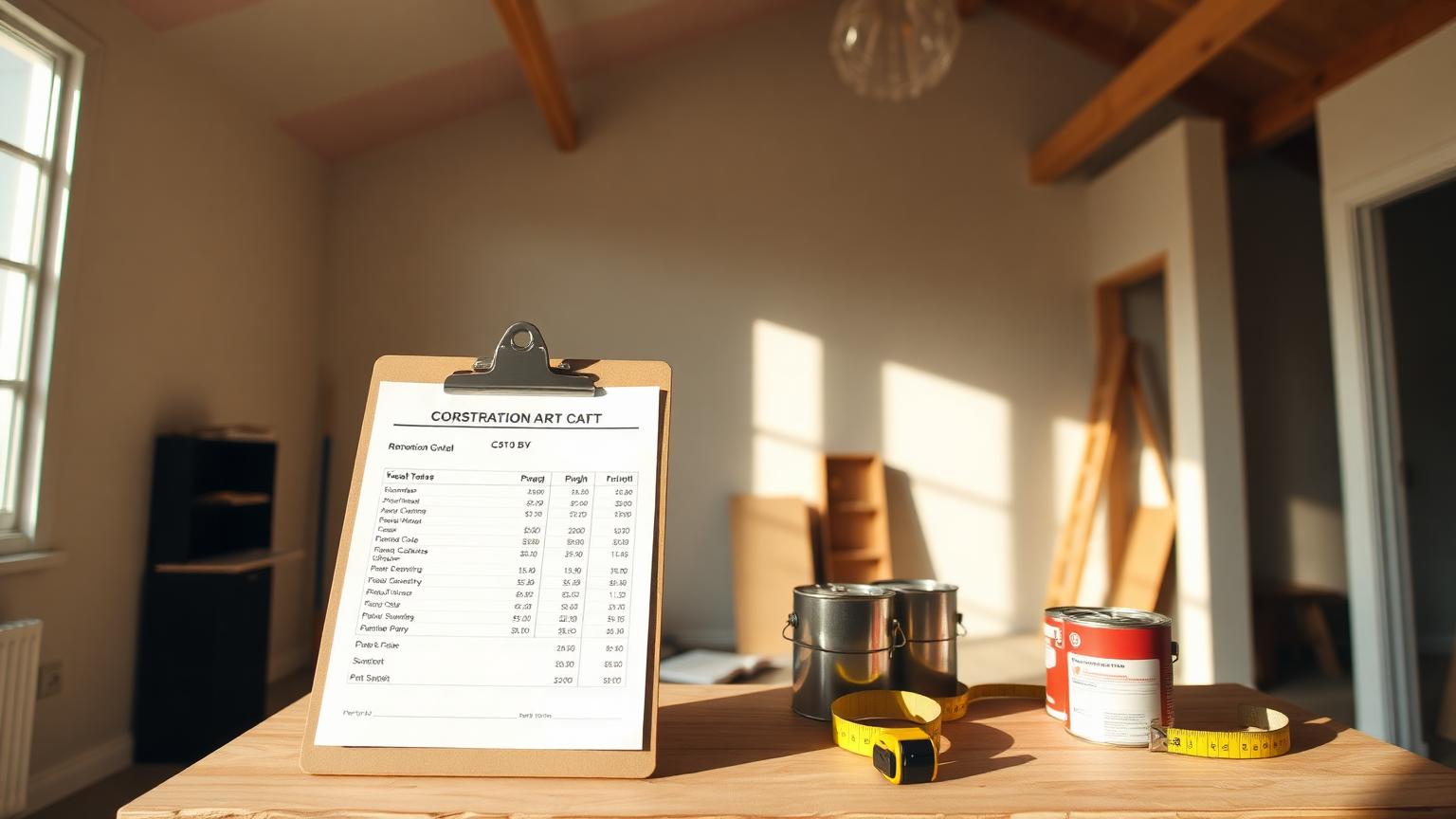 FHA 203(k) renovation loan calculator Partly renovated home interior with a contractor's written repair cost breakdown, paint cans and a tape measure