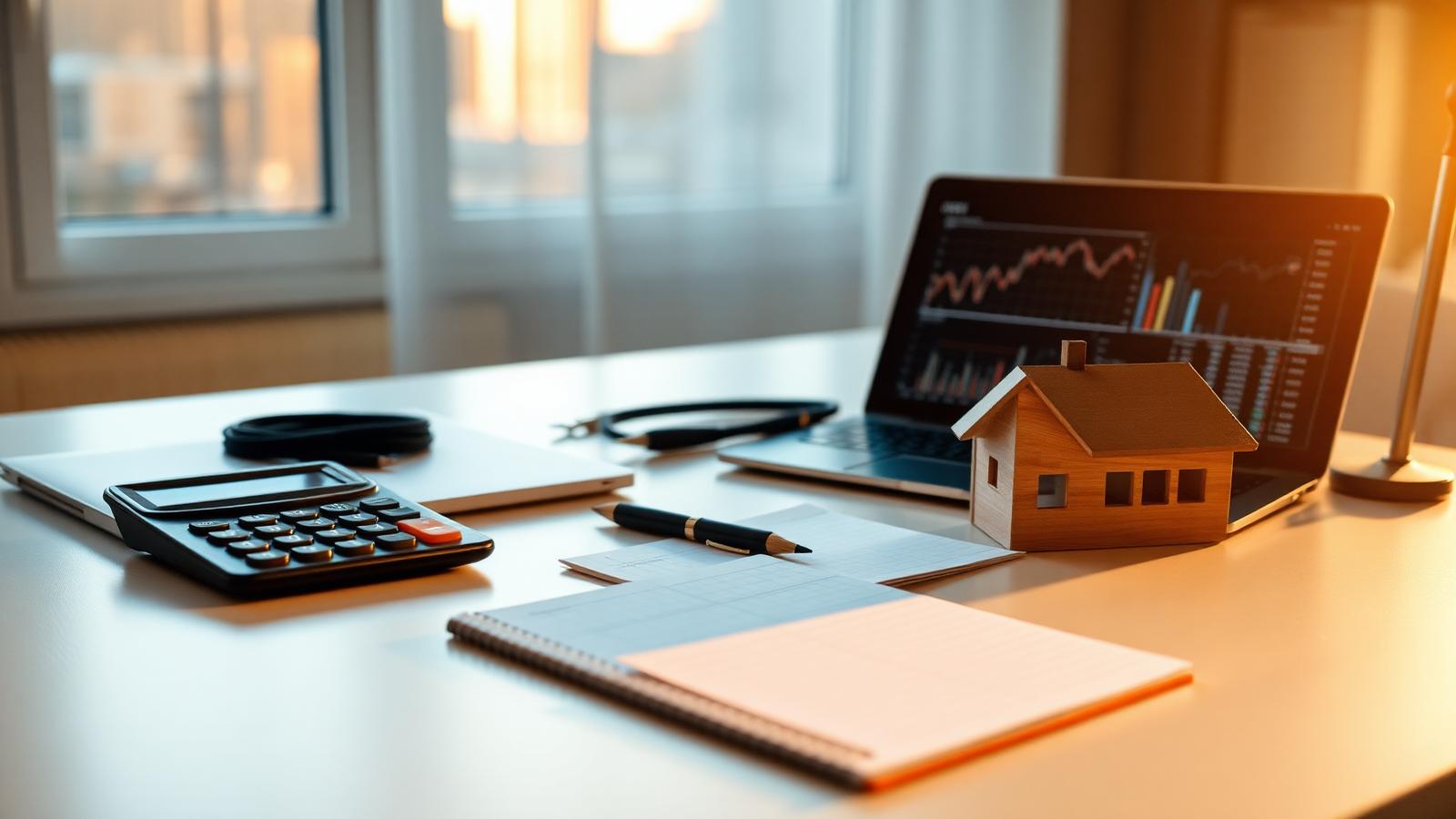 Free FHA mortgage calculators Desk with a calculator, notepad and model house used to estimate FHA mortgage payments